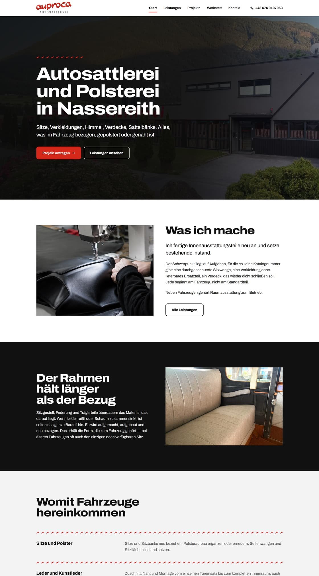 Bildschirmabzug der Website von auproca Autosattlerei